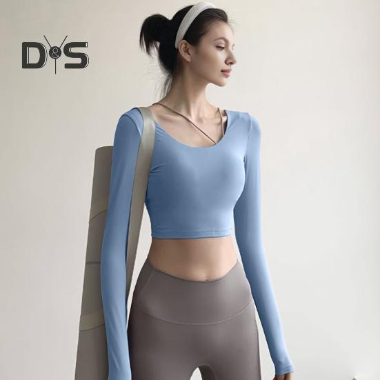 Innen gepolsterte Yoga-Tops für Damen, sexy Rücken, langärmelig, Yoga-Top, Sport, hochelastisch, für Fitnessstudio, Fitness, Laufen, Training, T-Shirt, weich, atmungsaktiv, sportliche Kleidung für
