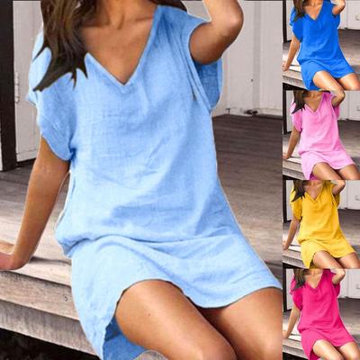 Women's Summer Dresses Plus Size Fashion Clothes Casual Short Sleeve T-shirt Dress V-neck Linen Dress Solid Color Mini Beach Dress Loose Party Dress