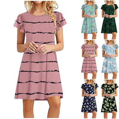 Women's Summer Casual Loose Fit Dress Round Neck Short Sleeve Ruffle Detail Vintage Style Printed Dress