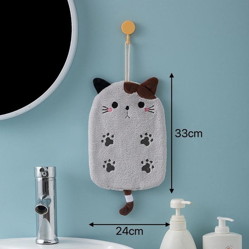 Cat Embroidered Towelette Towel Super Absorbent Hanging Type Home Decor Dual Purpose Coral Velvet Hand Towel Bathroom Supplies