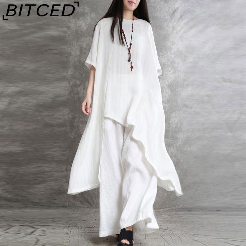 BITCED Damen Übergröße Baumwolle und Leinen 2-teiliges Freizeit-Sportbekleidungsset, Kurzarm-O-Ausschnitt-Oberteil und Hose