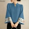 ZANZEA Blusa holgada casual para mujer con cuello en V, estampado patchwork, manga 3/4
