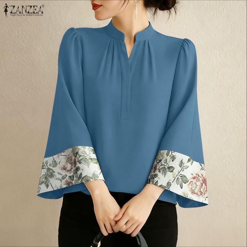 ZANZEA Blusa holgada casual para mujer con cuello en V, estampado patchwork, manga 3/4