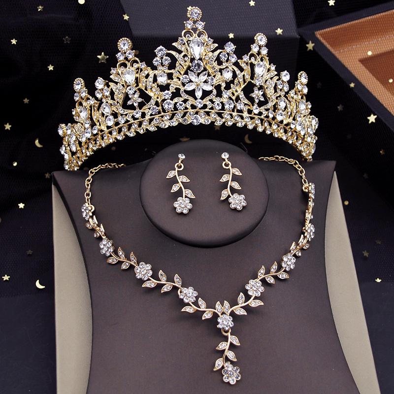 Flower Crown Bridal Jewelry Sets for Women Tiaras Evening Necklace Earring Set Wedding Choker Bride Jewelry Set Accessory
