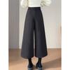 Women's Gray Wool High-Waist Wide-Leg Cropped Pants - Loose Fit, Slimming, Pear Shape, Casual Wear for Spring and Autumn