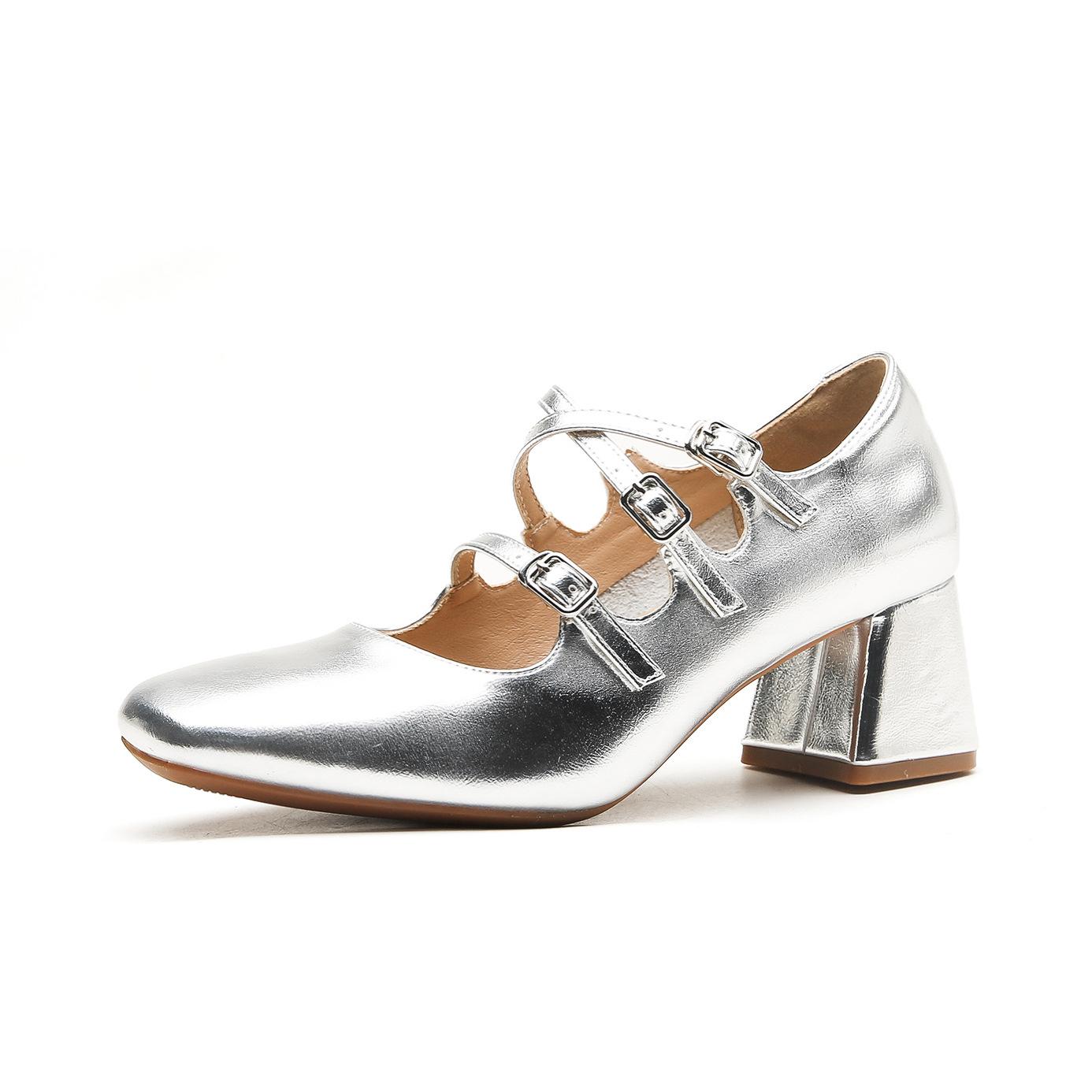 

Leather flat for Huizhou women s shoes Su Yinyin same Mary Jane shoes high heel Korean version spring single shoes thick heel 40 срібний