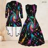 Women Plus Size Two Piece Set Black Multicolor Printed Three Quarter Sleeve Open Cardigan Sleeveless Crew Neck Tie Waist Flared Dress