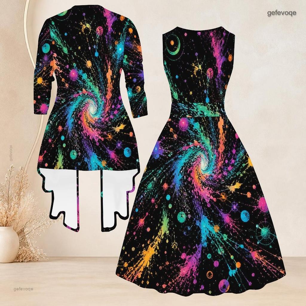 Women Plus Size Two Piece Set Black Multicolor Printed Three Quarter Sleeve Open Cardigan Sleeveless Crew Neck Tie Waist Flared Dress