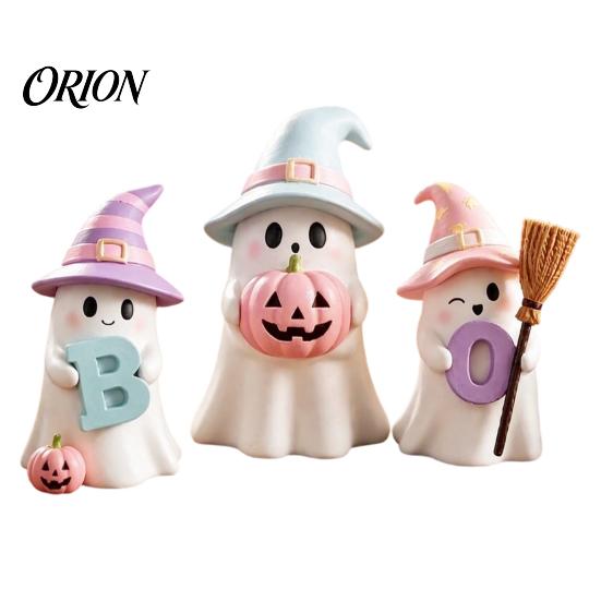 Small Halloween Desk Decorations 3Pcs Pink Ghost Figurines, Cute Spooky Resin Decor with Pumpkin Unique Holiday Gifts BOO Letter, Sweet Tabletop