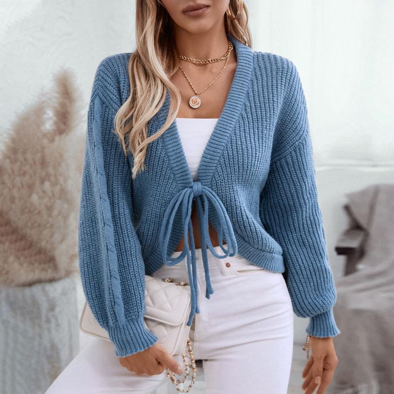 Women S V Neck Loose Solid Short Knit Cardigan With Tie