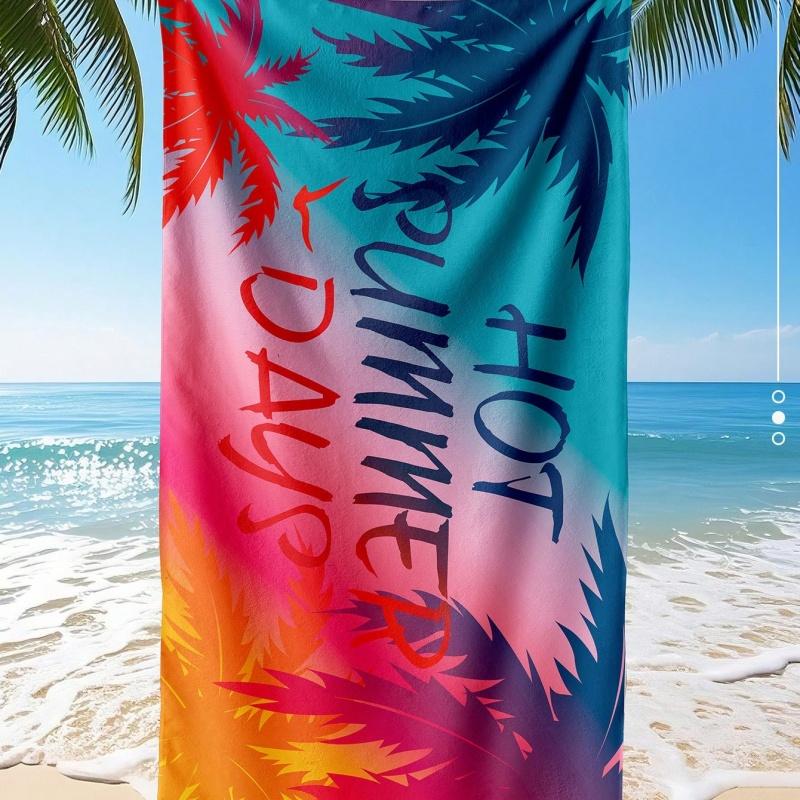 Gradient Color Palm Leaf Hot Summer Days Letter Print Quick Dry Microfiber Beach Towel Large Holiday Towel