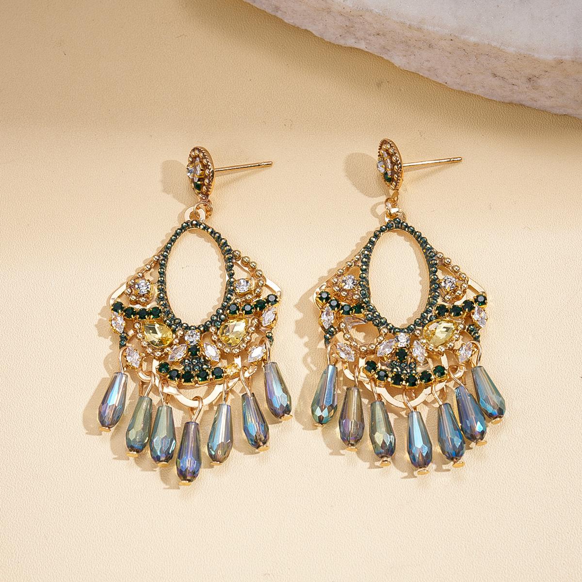 Diamond Glass Hollow Geometric Tassel Silver Needle Earrings Bohemian Earrings