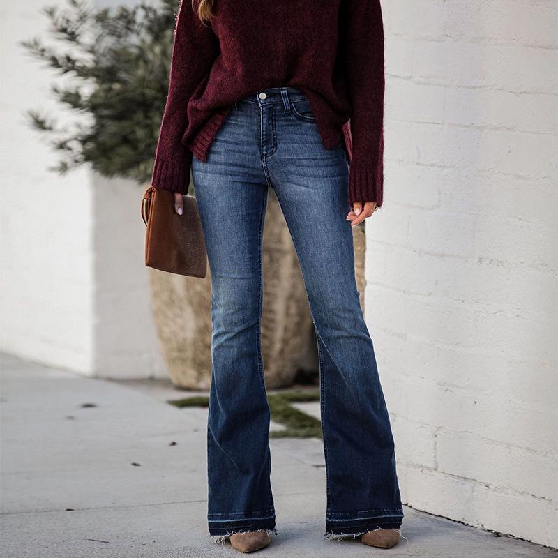 

Джинсы женские клеш с высокой посадкой в европейском и американском стиле - Облегающие, Эластичные, С необработанным краем, Мода 2025. XXL джинсовый синий