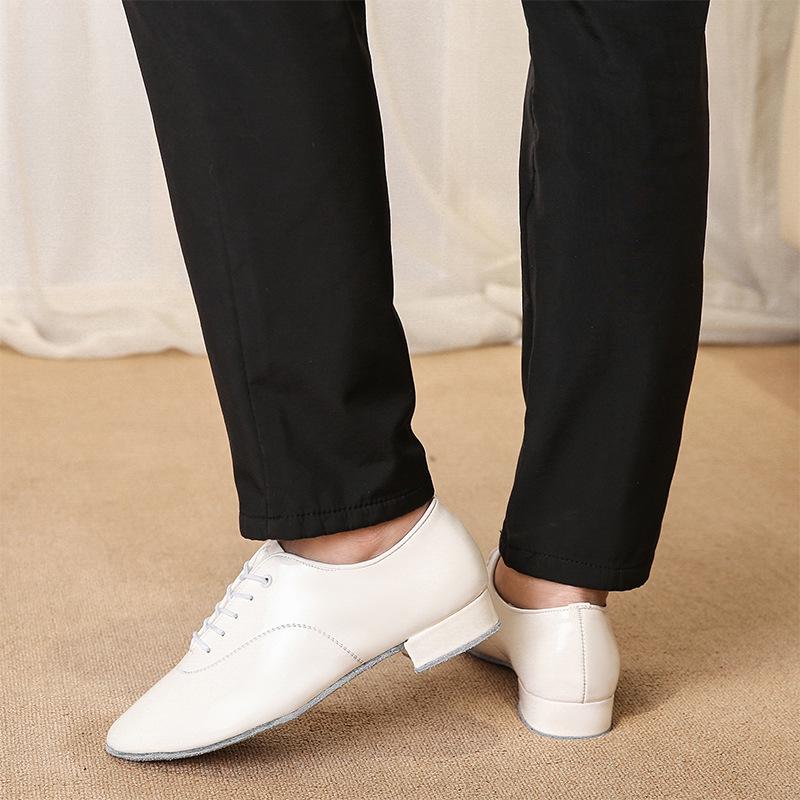 Men's Black & White Shiny Leather Low Heel Modern Dance Shoes with Soft or Fur Sole