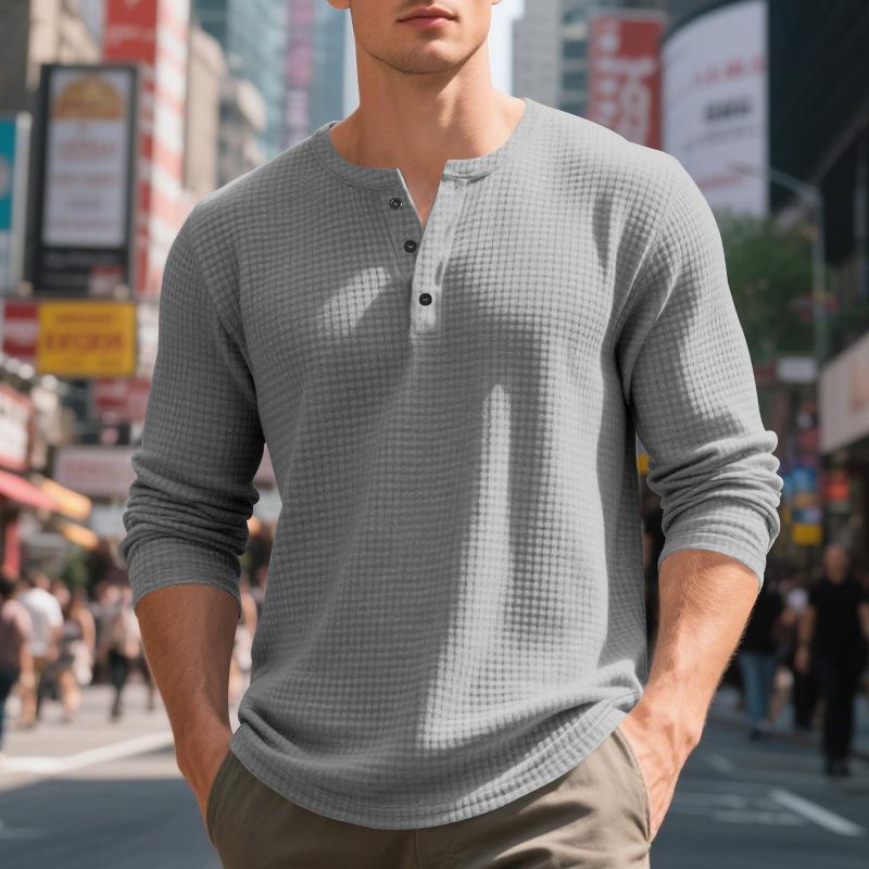 Men's Jacquard Small Square Buckle Henley Long Sleeve Retro Base T-shirt