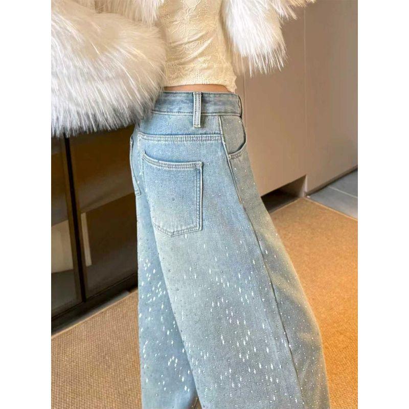 American Retro Style Star-Studded Rhinestone Jeans for Women, New Spring Design for Plus-Size Girls, High-Waisted Wide-Leg Pants