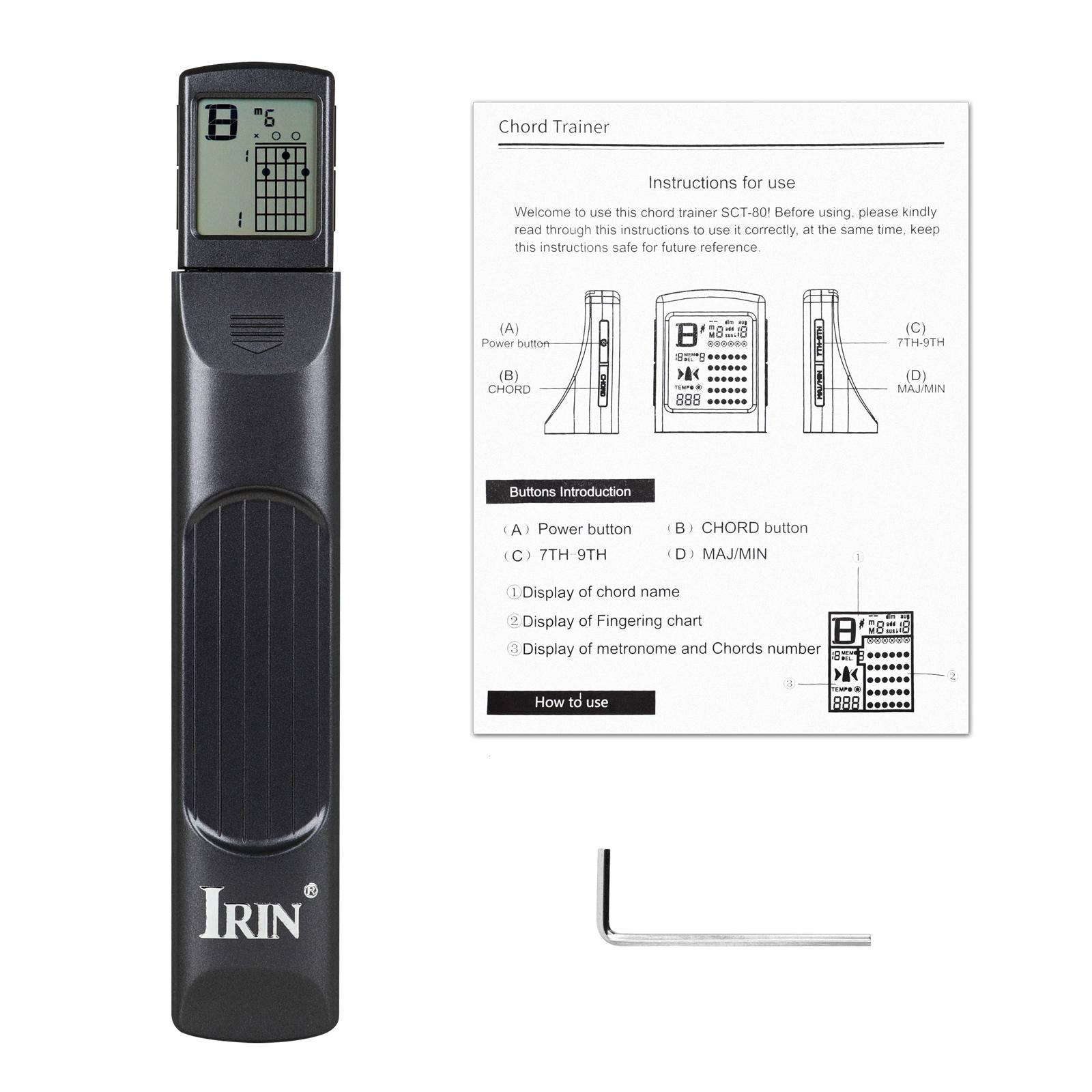 

Карманный гитарный тренажер аккордов IRIN, 6 ладов, портативный инструмент для практики, название аккорда, аппликатура, метроном, экран для начинающих чёрный