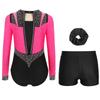 Girls Gymnastics Figure Skating Dance Set 3Pcs: Long Sleeve Keyhole Back Rhinestone Leotard with V-Front Shorts & Hair Band