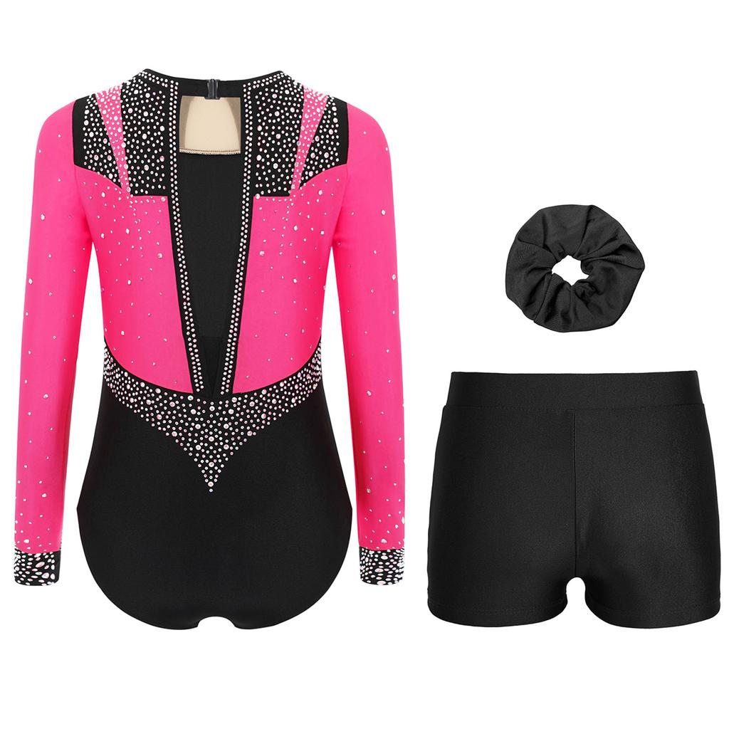Girls Gymnastics Figure Skating Dance Set 3Pcs: Long Sleeve Keyhole Back Rhinestone Leotard with V-Front Shorts & Hair Band