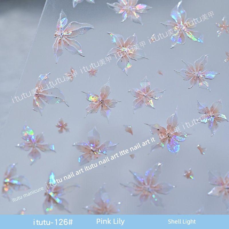 

Summer Refreshing New Arrival Cute Plumeria Rubra Relief Nail Stickers Mint Small Flower Three-Dimensional Five Petal Flower Seaside Nail Art itutu-126# Pink Lily shell light