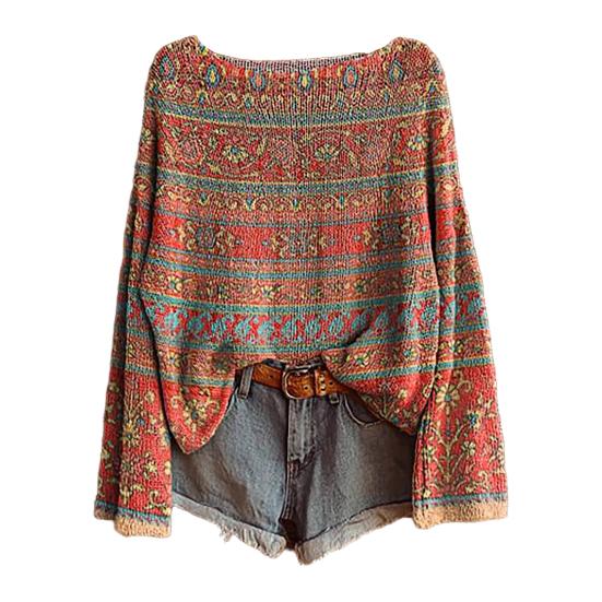 Women Autumn Sweater O-Neck Long Sleeve Vintage Oversized Pullover Sweater Ethnic Graphic Knit Tops Daily Wear