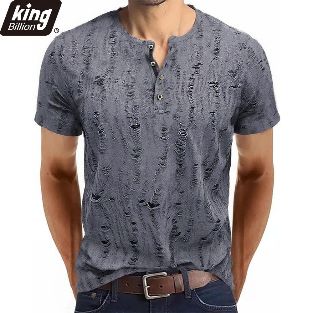 Men's Short-sleeved T-shirt Broken Holes Retro Men's Fashion Henley Shirt Men's Casual Fashion Tops Slim Fit