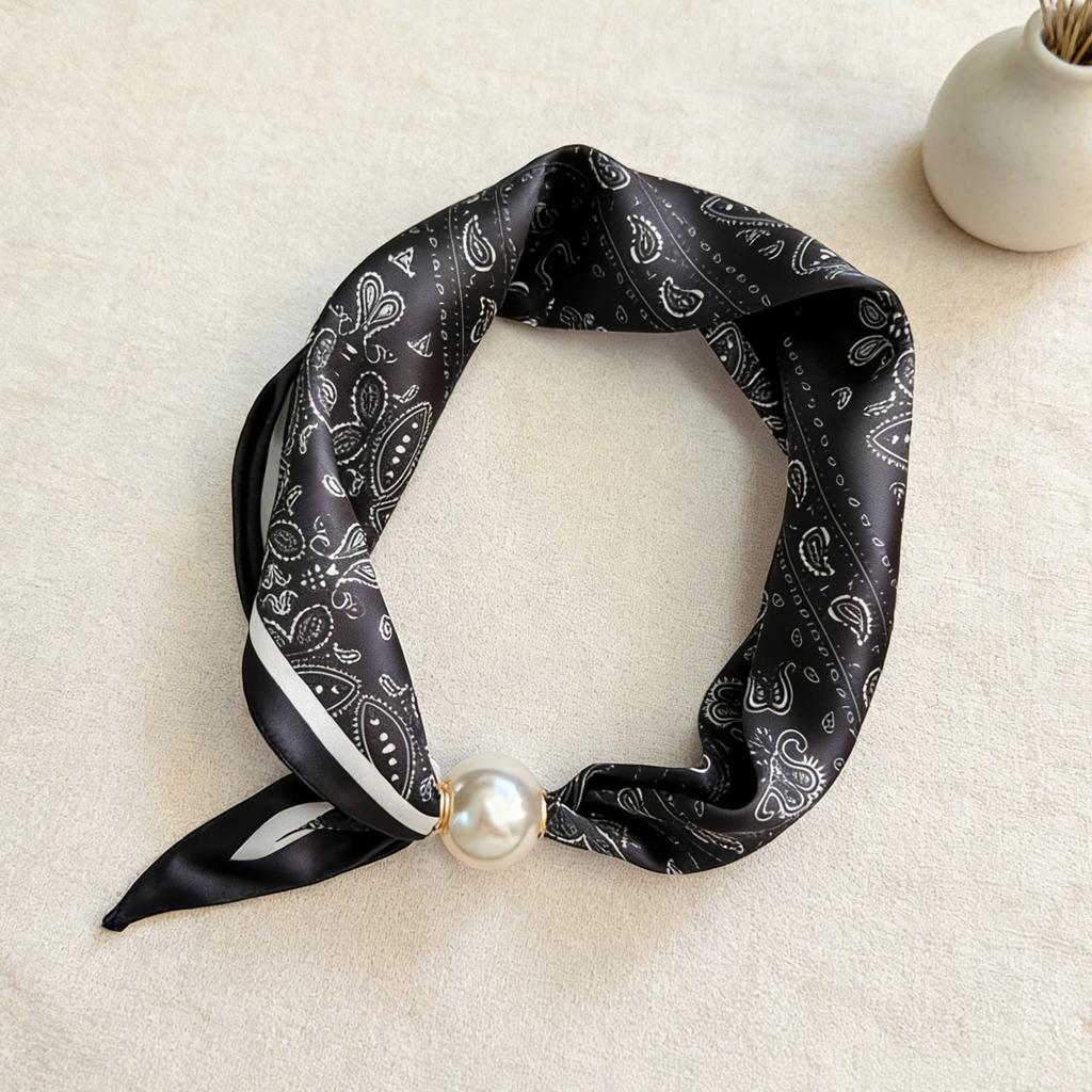 Scarf Magnetic Silk Collarbone Pearl Neck Scarf Thin Lazy Pendant Chain Buckle Bandana Handkerchief Foulards Femme Accesories