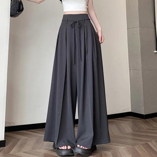 Damen Hose Hohe Taille Verstellbarer Kordelzug Oversized Weites Bein Hosen Einfarbige Glitzer Design Freizeithose