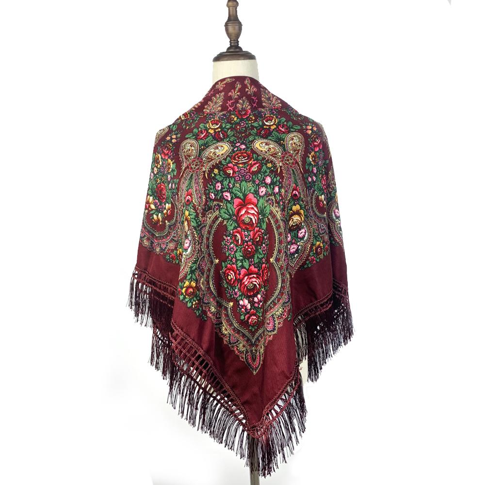 120*120Cm Russian Square Scarf Traditional Ukrainian Fringed Shawl Ethnic Travel Shawls Babushka Handkerchief Hijab Head Wraps