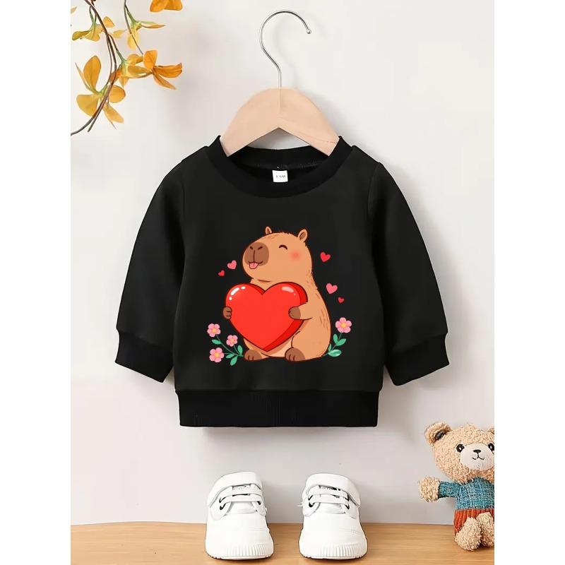 Kids Crewneck Pullover Sweatshirt, Cartoon Capybara Holding Heart Graphic Print