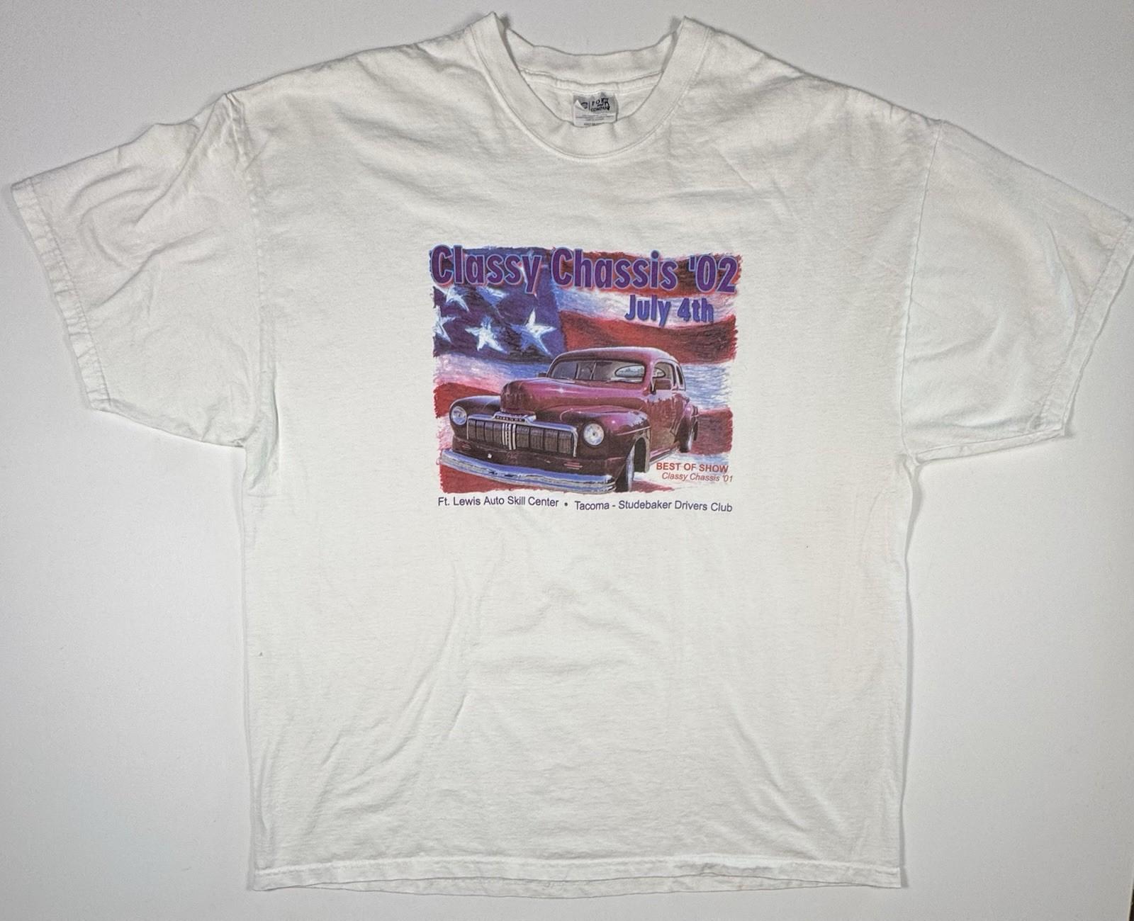 Vintage Classy Chassis Studebaker Car Show 2XL White Graphic Tee Y2K Unisex T-Shirt XXL