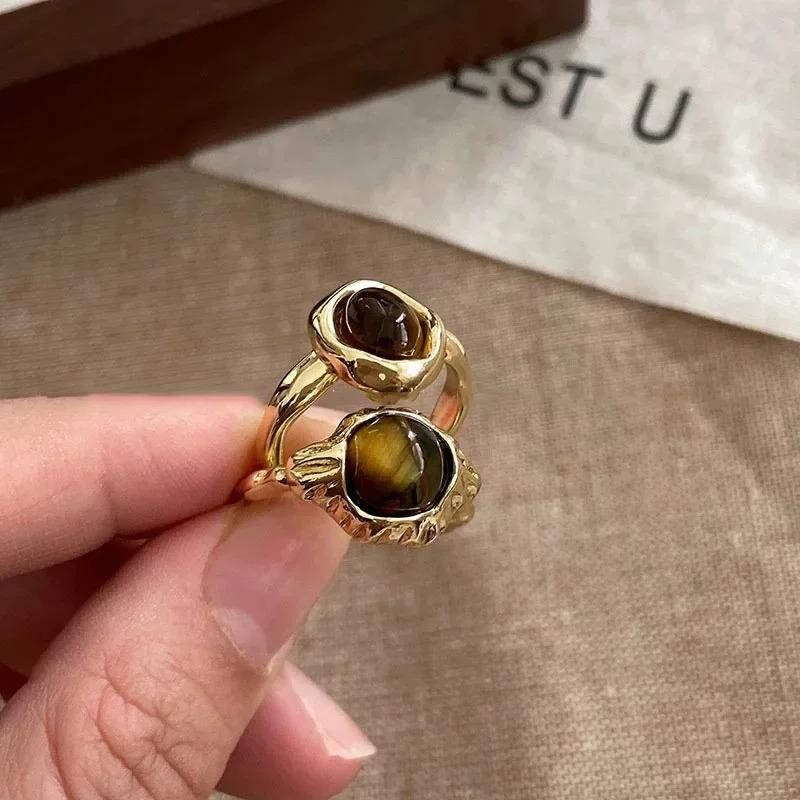 Irregular Round Personalized Vintage Brown Tiger Eye Stone Open Ring For Women Finger Ring Design Sense High End Jewelry Gift