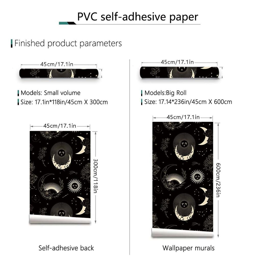 Celestial Wallpaper Gothic Peel and Stick Contact Paper Self Adhesive Night Sky Sun/Moon/Star Wallpaper for Bathroom Bedroom