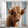 1pc Highland Cow Shower Curtain - Rustic Wooden Background with Blue Eyes & Brown Fur, Polyester Fabric, 70.8x70.8 Inches