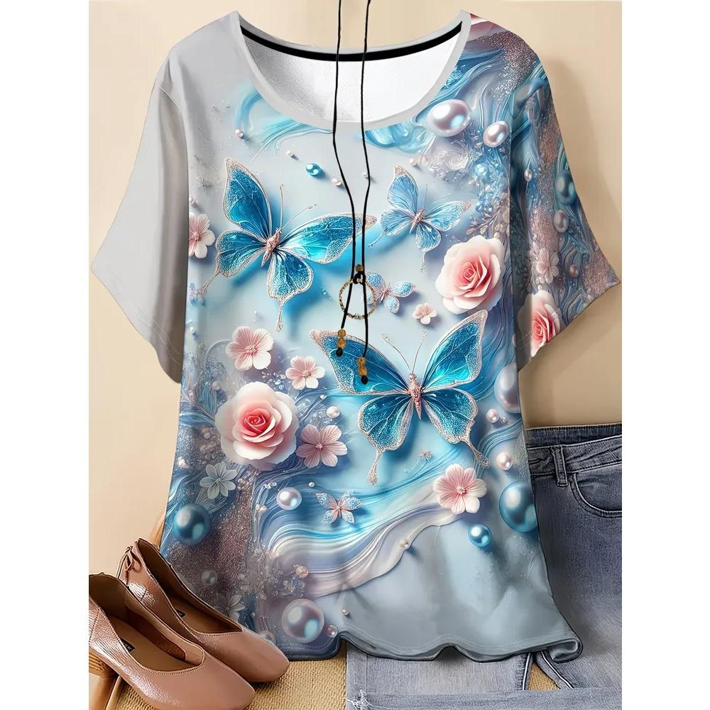 Summer Fashionable Colorful Casual Round Neck Short Sleeved T-shirt Comfortable Breathable Vintage Flower 3d Printed Versatile Loose Women's T-shirt