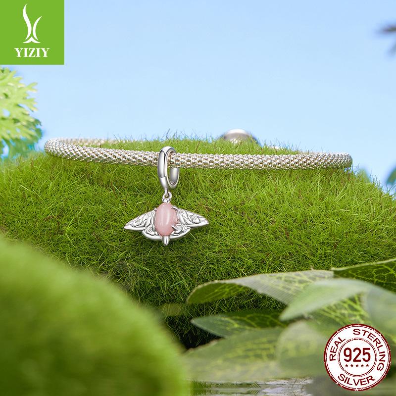 Natural Jade Moth Pendant, Children'S Fun Creative Diy Bracelet Accessories Insect 925 Sterling Silver Beads