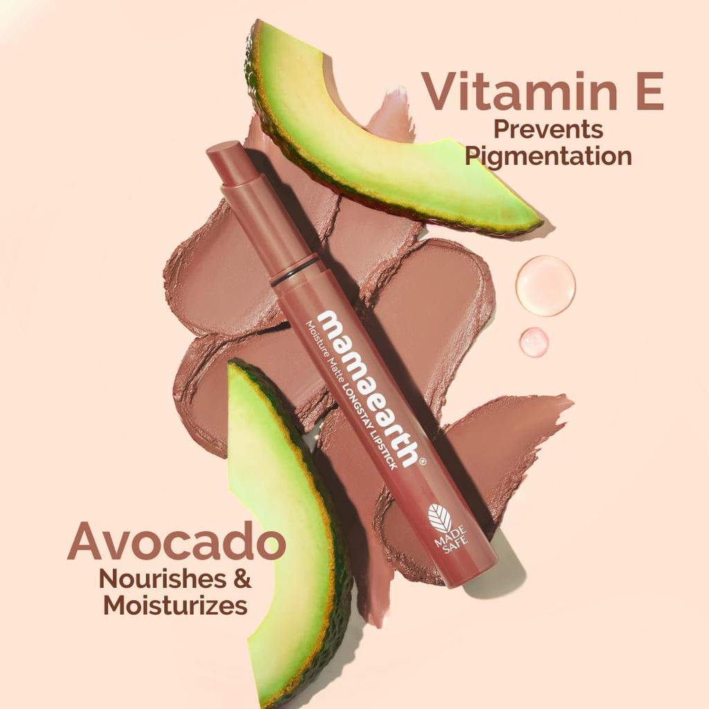 Mamaearth Moisture Matte Longstay Lipstick 2 G Pack of 1 - 12 Hour Smudge-Proof Hydrating Lip Color Cinnamon Nude