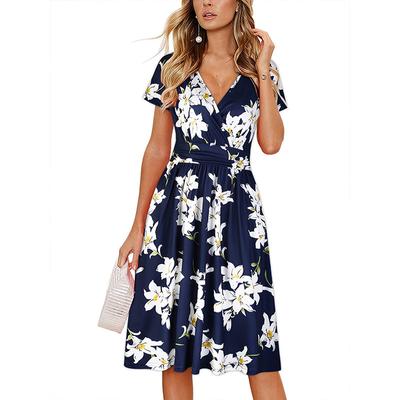 Frauen Sommer Kurzarm Tiefem V-ausschnitt Blumen Gedruckt Einteiliges Kleid