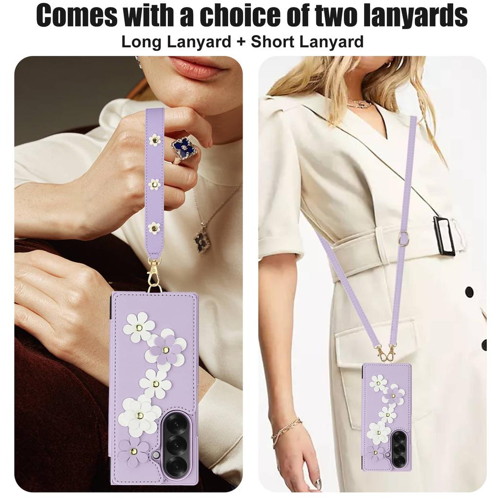 For Samsung Galaxy Z Fold 7 6 5 4 Case, Wallet with Card Holder,Cute Flower Design Crossbody Purse,Magnetic Kickstand Shockproof