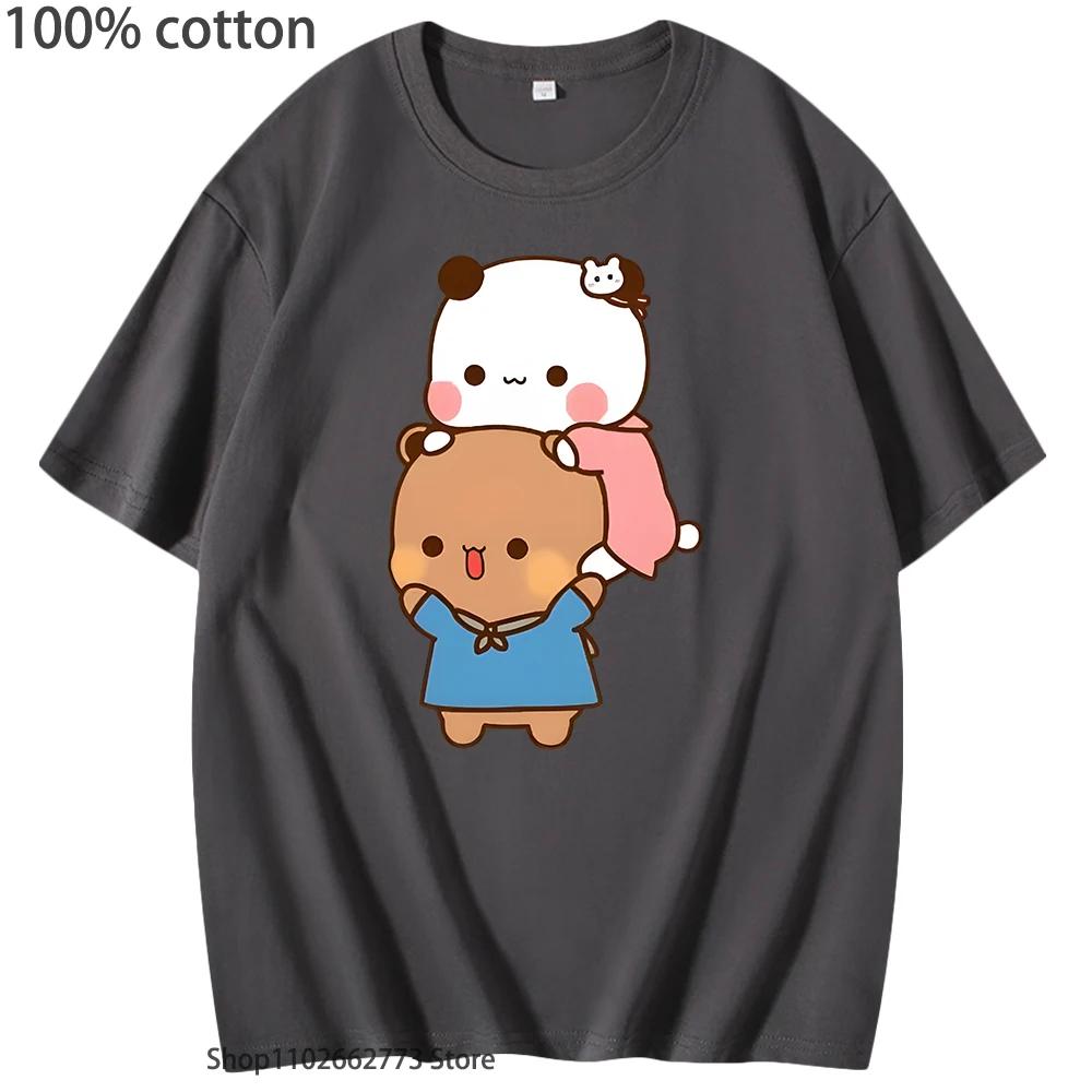 Kawaii DuDu and BuBu Enjoying Their Time Tshirts Cute Panda Bear Graphic Shirt Korean Styele Women Clothes Cotton Men Tees