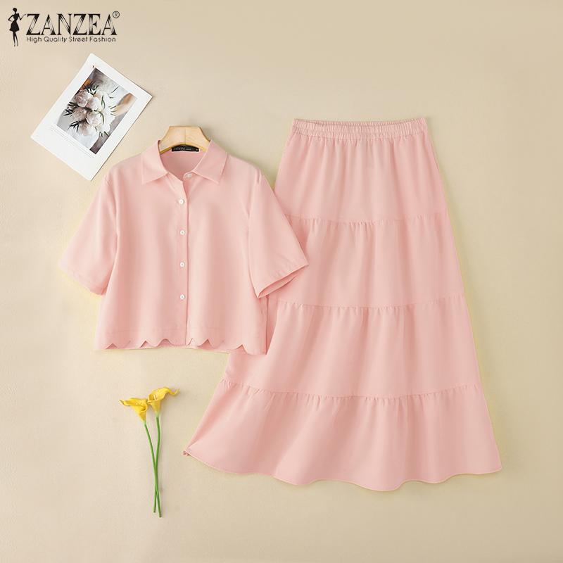 ZANZEA Dámské letní dvoudílné oblekové soupravy s krátkým rukávem a dlouhou sukní