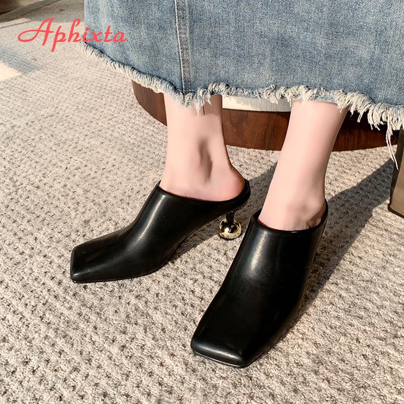 Fashion Aphixta 6.5cm High Heels Elegant Women Slides Square Toe Shallow Summer Dress Slides Sexy Metal Strange Style Heels Shoes Size42