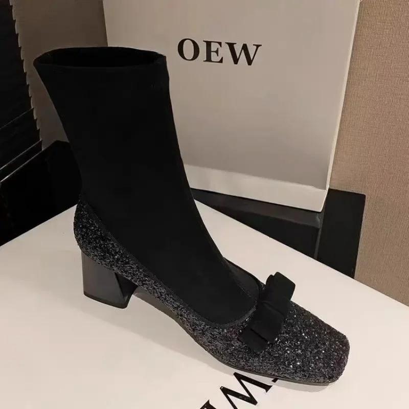Fashion Shoes Female 2024 Fashion Sleeve Women's Boots Autumn Winter Square Toe Sequins Solid Short Barrel Chunky Heels Stretch Boots