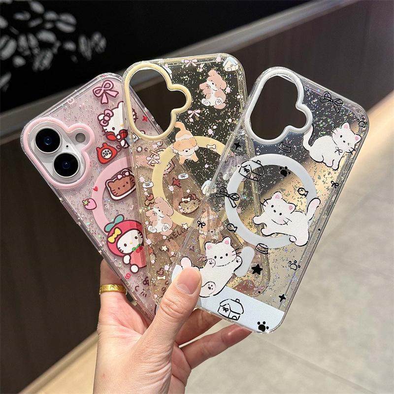 KT Cartoon Glitter Magnetic Phone Case for iPhone 17 Pro Max, 16 Pro, 15 Pro
