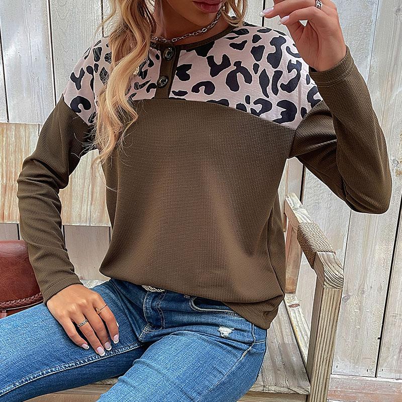 YYFS Damenmode, lässig, Leopardenmuster, langärmelig, O-Ausschnitt, Blusen und Hemden