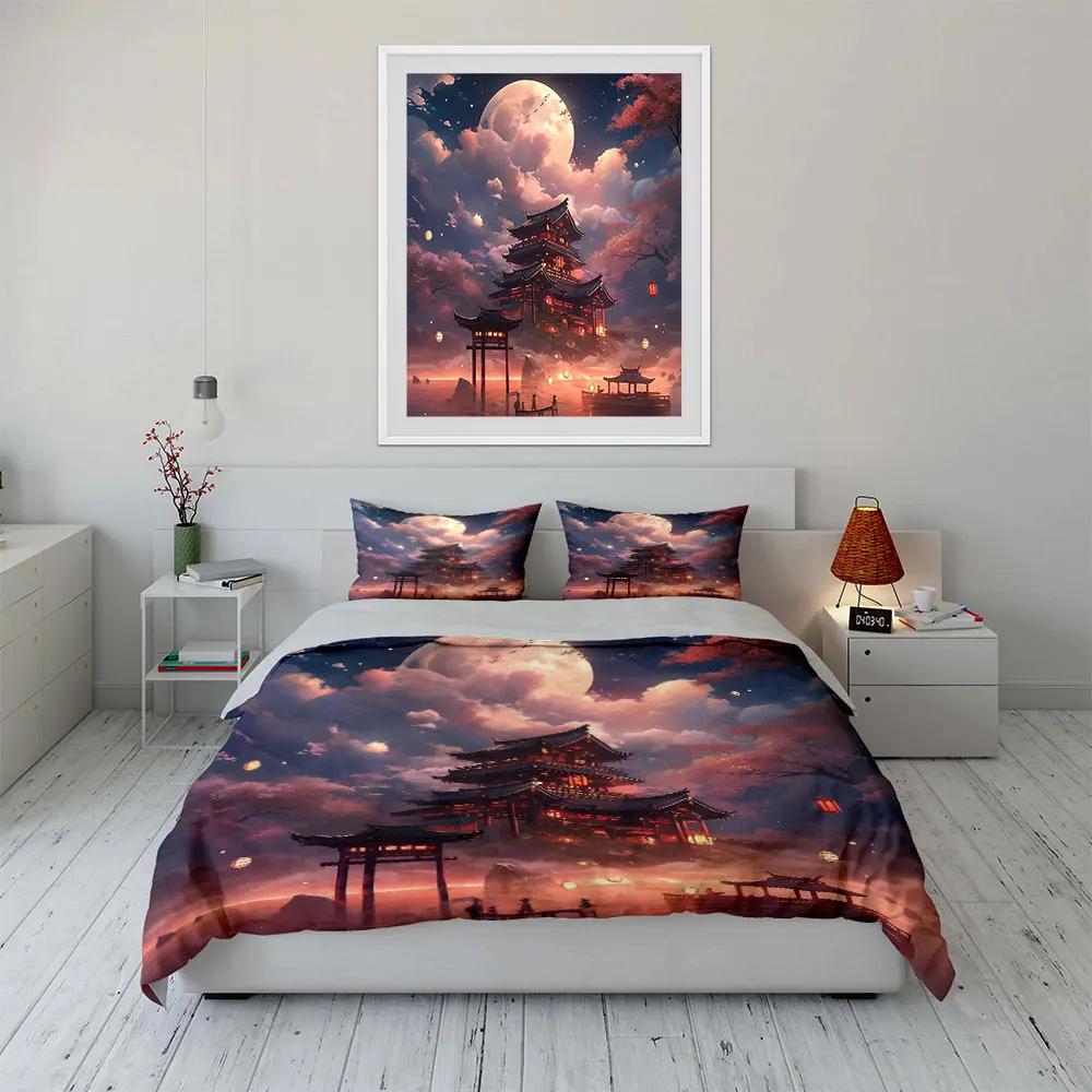 Japanese Night Scenery Decor Soft Comfortable Duvet Cover Bedding Set Included 1*Duvet Cover & 2*Pillowcases Gift
