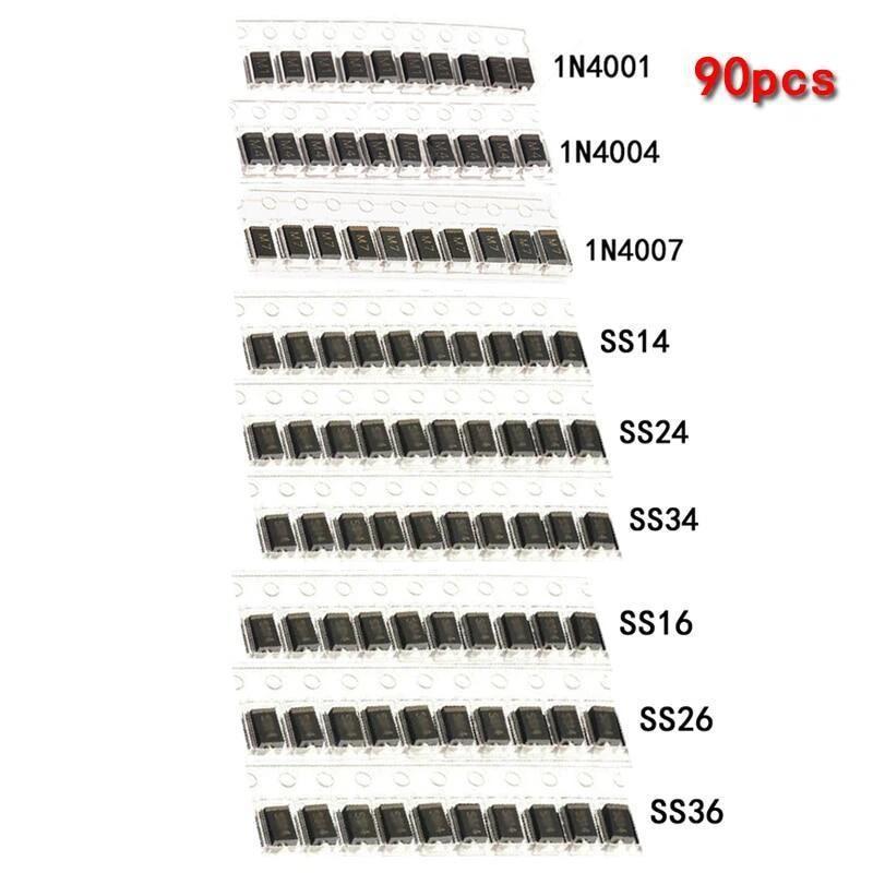 90ks 9 typů usměrňovacích diod Schottky SMD diodová sada 1N4007 1N4001 1N4004 Ss14 Ss16 Ss24 Ss26 Ss34 Ss36