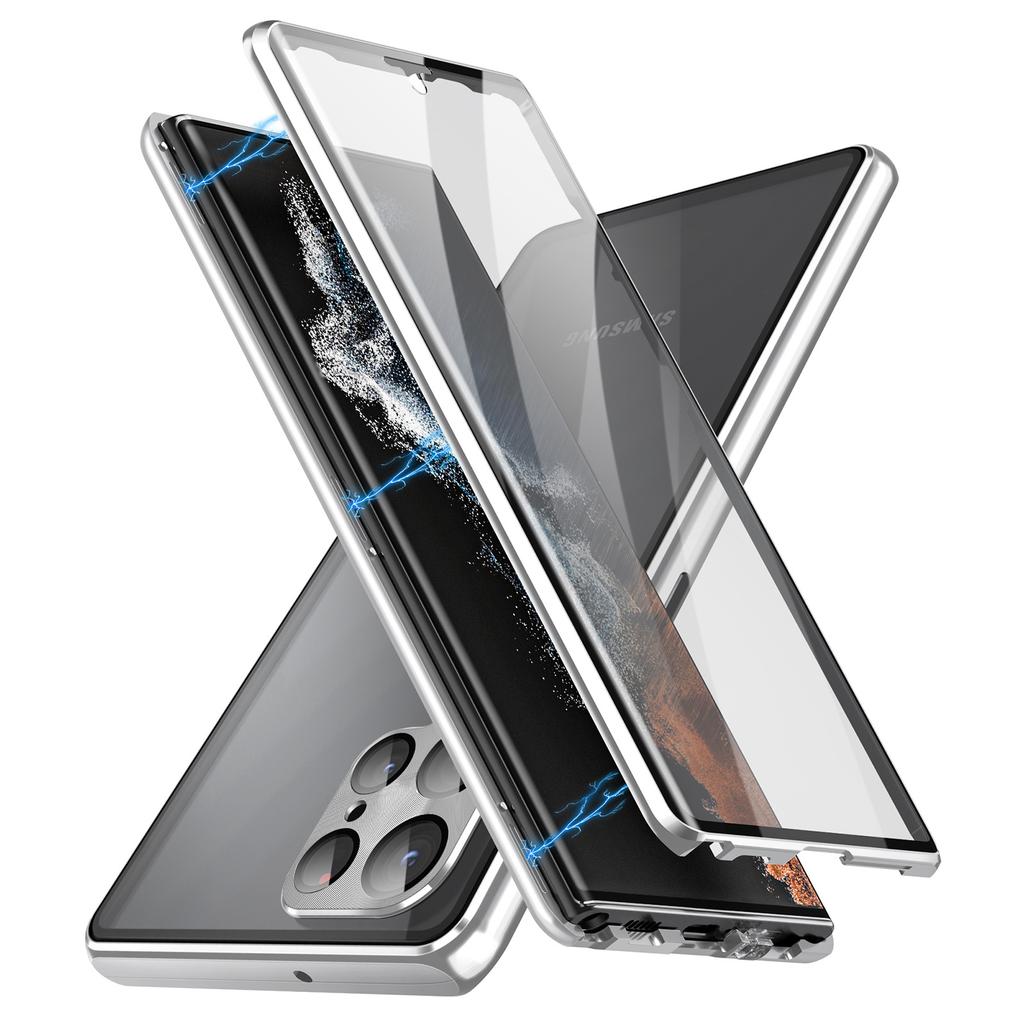 For Samsung Galaxy S22 Ultra 5G Phone Case Double-Sided Tempered Glass+Magnetic Metal Frame Cover with Lock Buckle