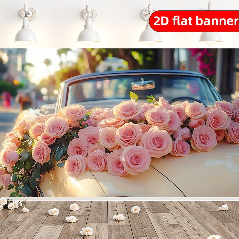 2D Flat Banner Made of Polyester Material Simple Pink Rose Pattern Party Banner Holiday Party Decoration Background Cloth