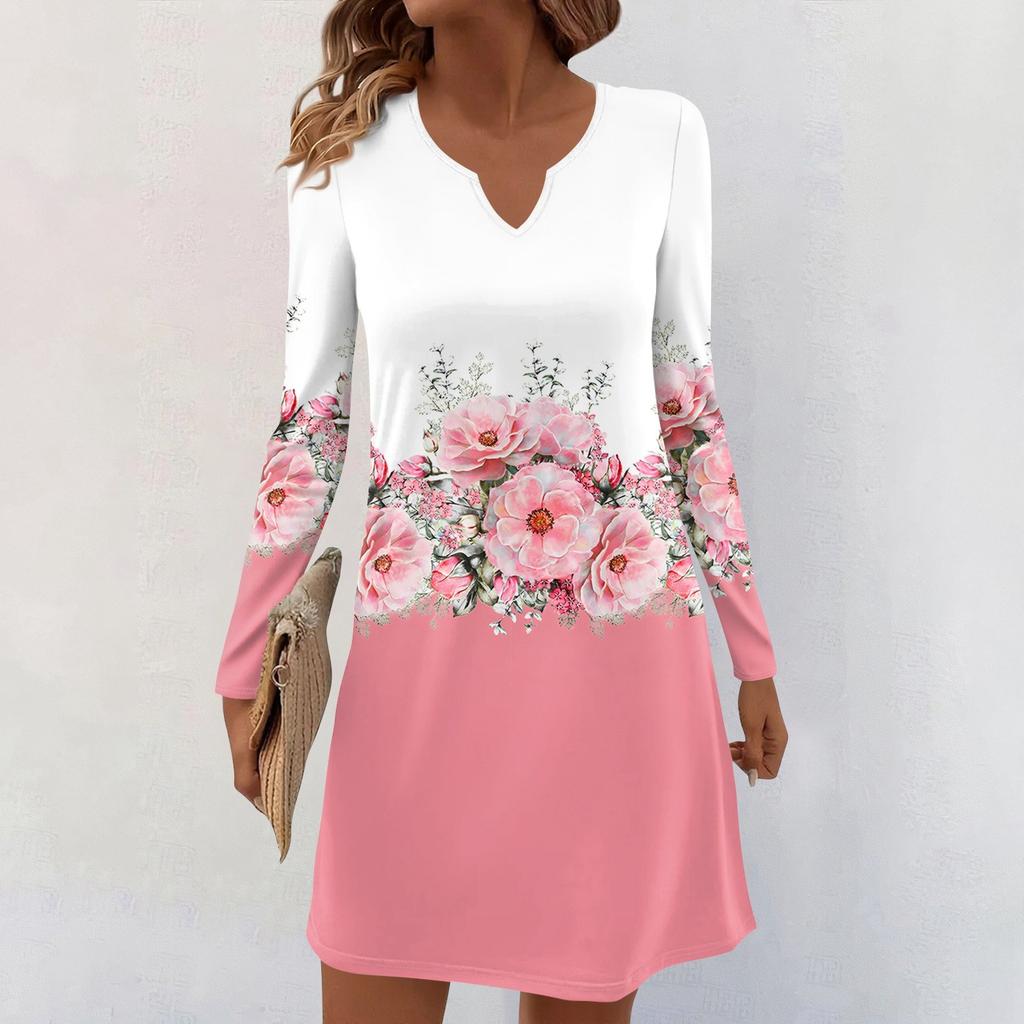 Women's Long-sleeved Casual Midi Dresses V-Neck Print  Casual Dress